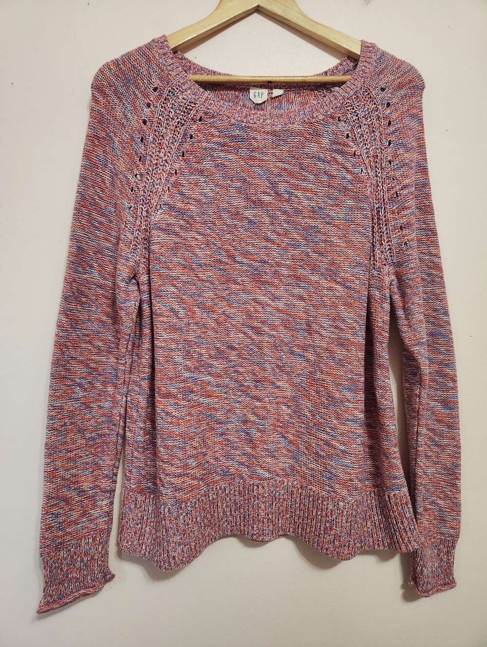 Gap Red Marl Cotton Raglan Crew Pointelle Pullover Coastal Knit Sweater L
